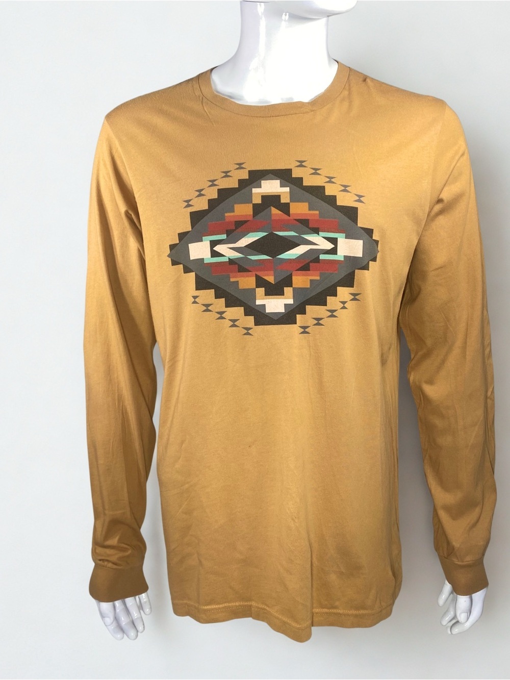 Long-Sleeve Ochre Graphic Tee with Southwestern Motif